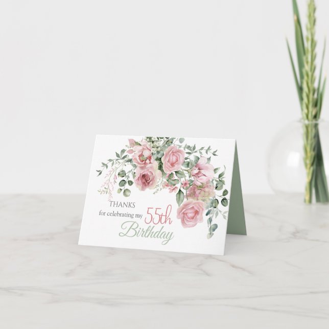 Blush Rose Greenery Eucalypt 55th Birthday Thank You Card (Front)