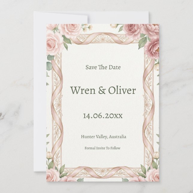 Blush Rose Greenery Save the Date Card (Front)