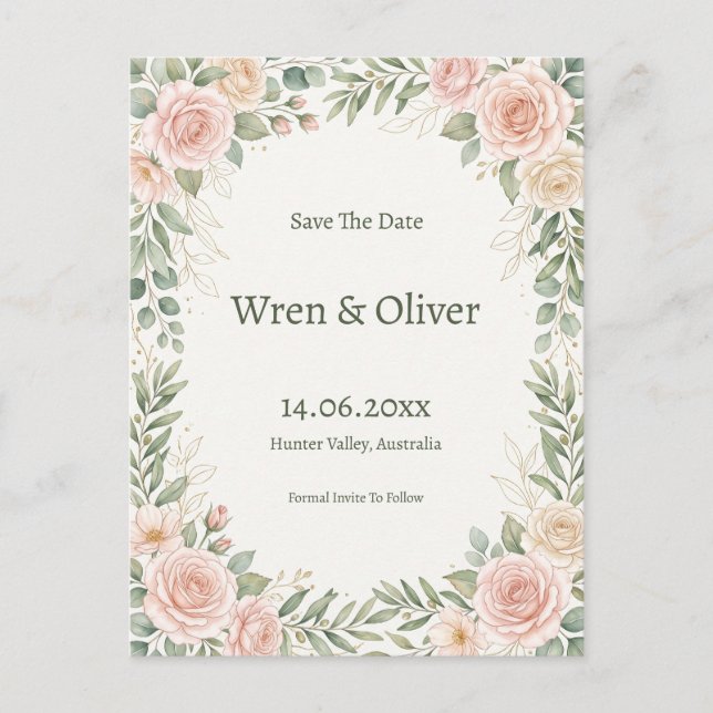 Blush Rose Greenery Save the Date Postcard (Front)