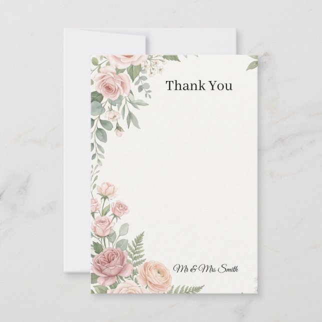 Blush Rose Greenery Wedding Thank You Card (Front)