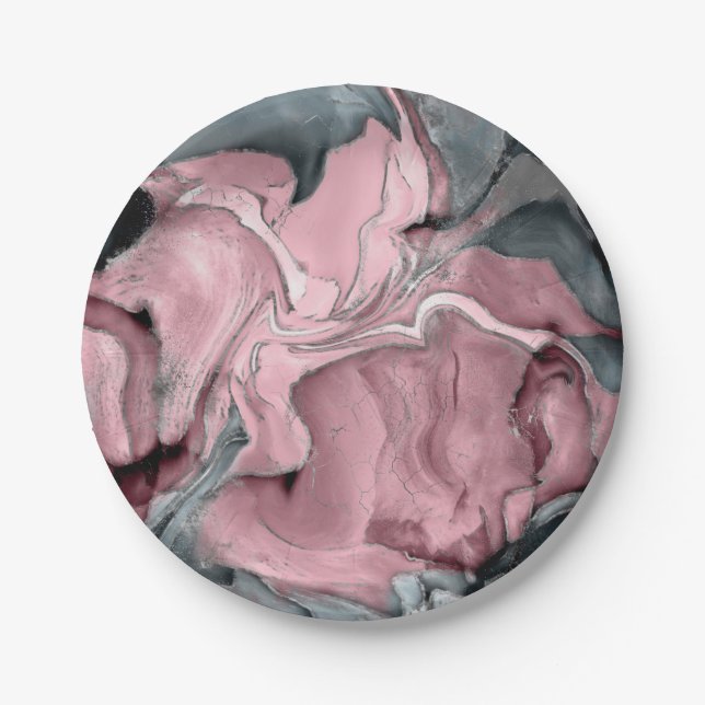 Blush rose marble - pastel pinks, grey and silver paper plate (Front)