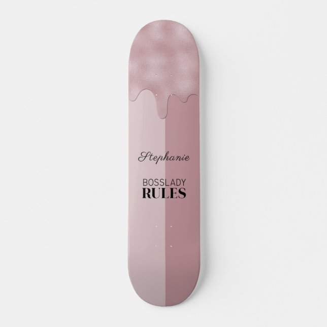 Blush Rose Metallic Drips Logo Personalized Skateboard (Front)