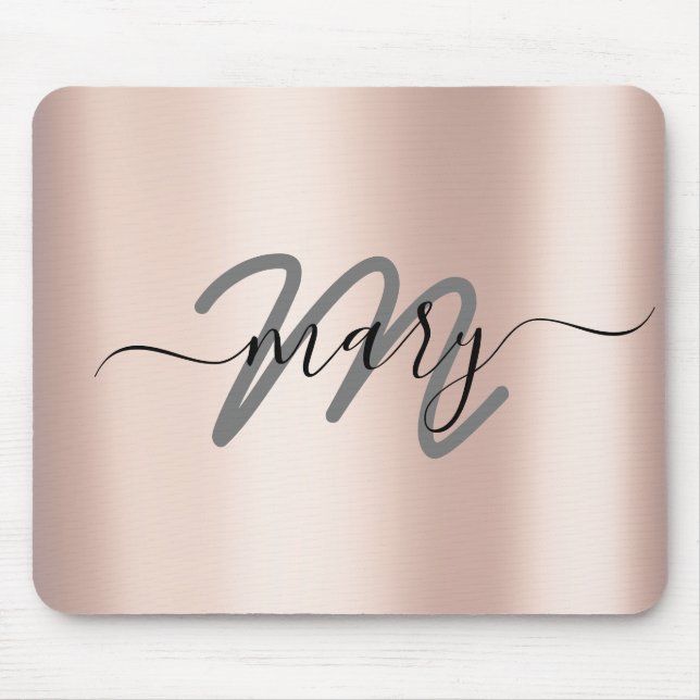 Blush Rose Minimal Name Monogram Grey Mouse Pad (Front)