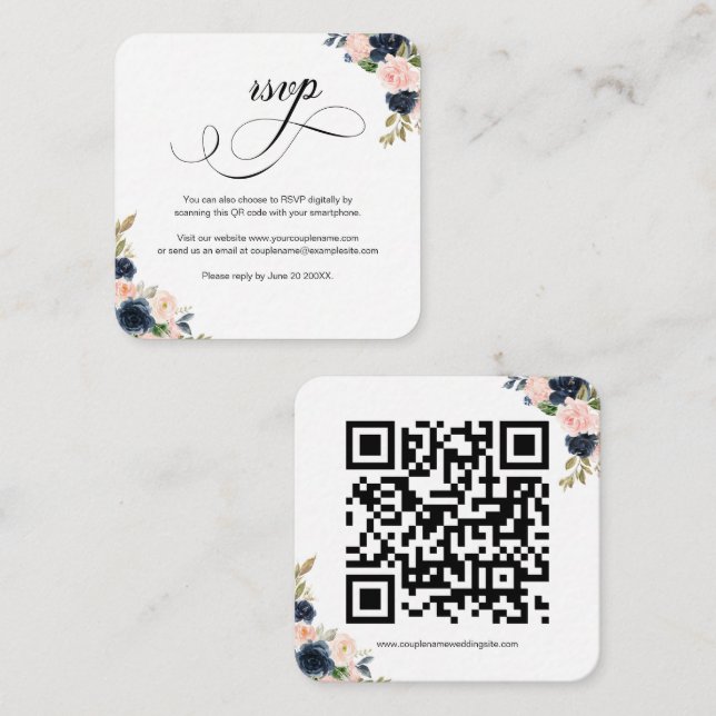 Blush rose & Navy Floral QR Code Mariage Carte RSV (Devant / Derrière)