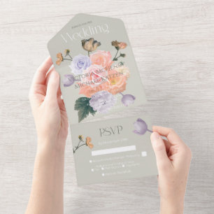 Blush Rose Pale Purple Modern Floral Wedding All I In One Invitation