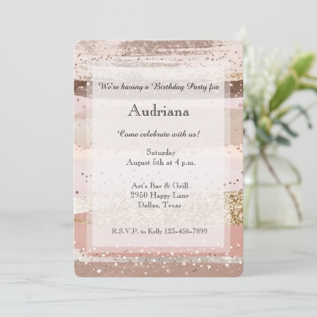 Blush Rose Pink Chocolate Gold Glitter Birthday Invitation (Standing Front)