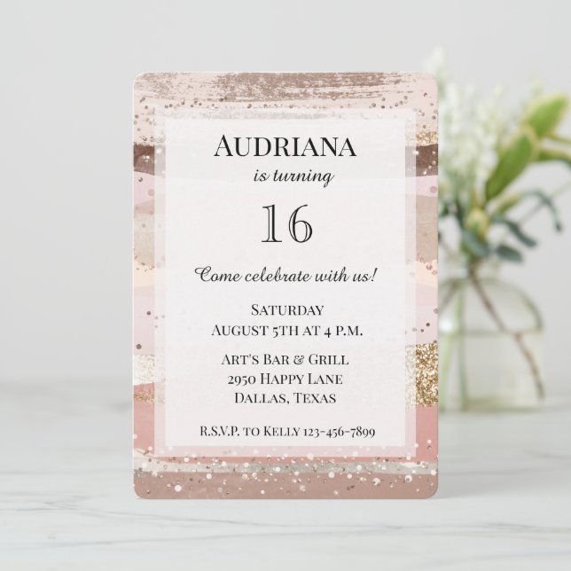 Blush Rose Pink Chocolate Gold Glitter Birthday Invitation (Standing Front)
