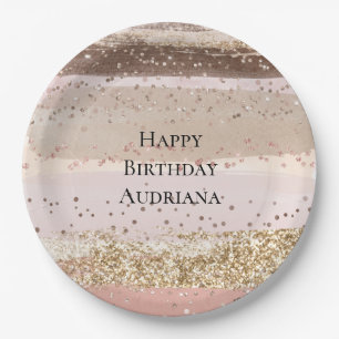 Blush Rose Pink Chocolate Gold Glitter Birthday Paper Plate