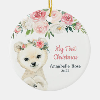 Blush Rose Polar Bear Baby's 1st First Christmas Ceramic Ornament