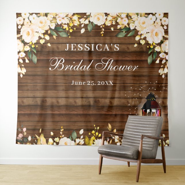 Blush Rose Rustic Wood Bridal Shower Backdrop Tapestry (In Situ (Horizontal))