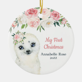 Blush Rose Snow Seal Baby's 1st First Christmas Ceramic Ornament