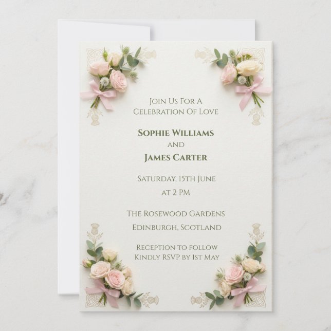 Blush Rose Thistle Scottish Wedding Invitation (Front)