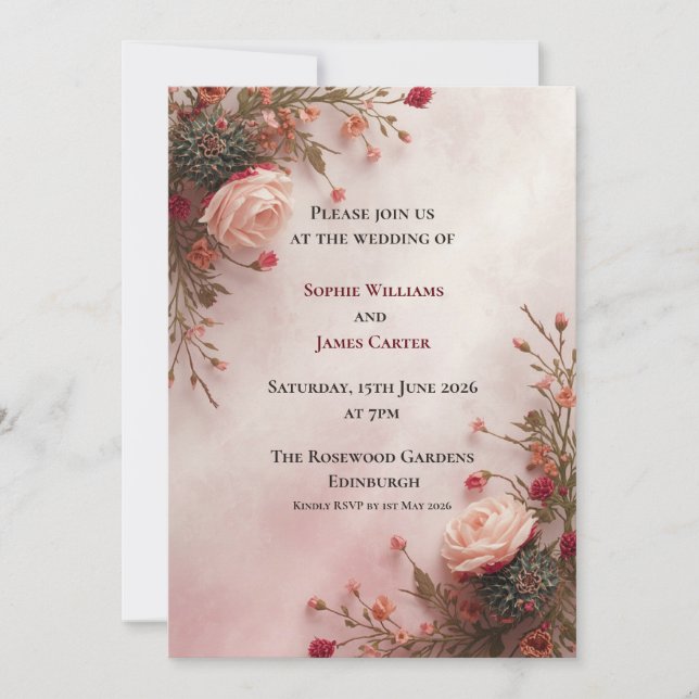 Blush Rose Wedding Invitation | Floral Romantic (Front)