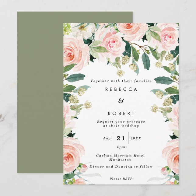 blush roses boho modern wedding invitation (Front/Back)