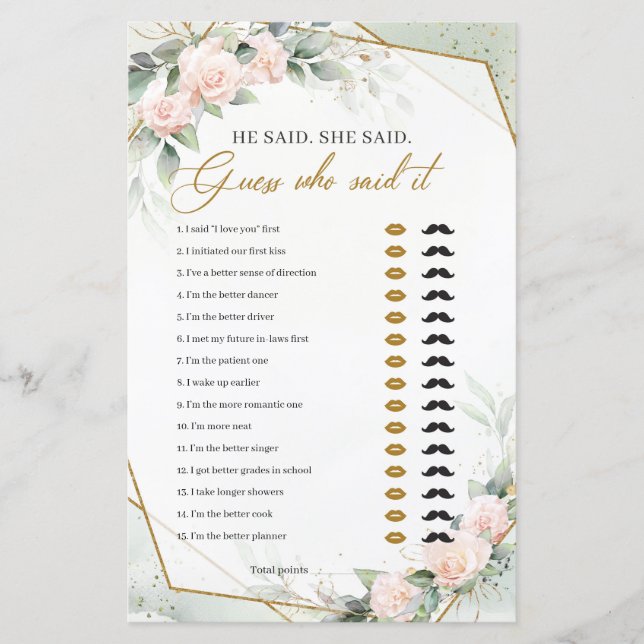 Blush roses eucalyptus gold frame He said She said (Front)