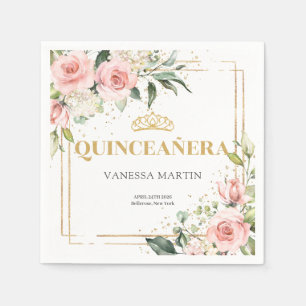Blush roses eucalyptus gold tiara 15th birthday napkin