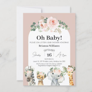 Blush Roses Floral Arch Safari Baby Shower Invitation