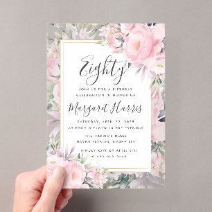 Blush Roses Floral Gold Frame 80th Eighty Birthday Acrylic Invitations