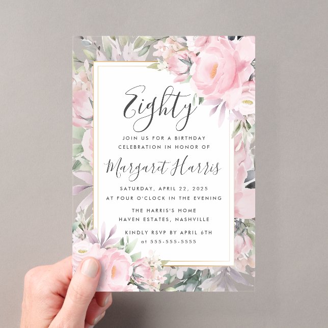 Blush Roses Floral Gold Frame 80th Eighty Birthday Acrylic Invitations (Insitu (Handheld))