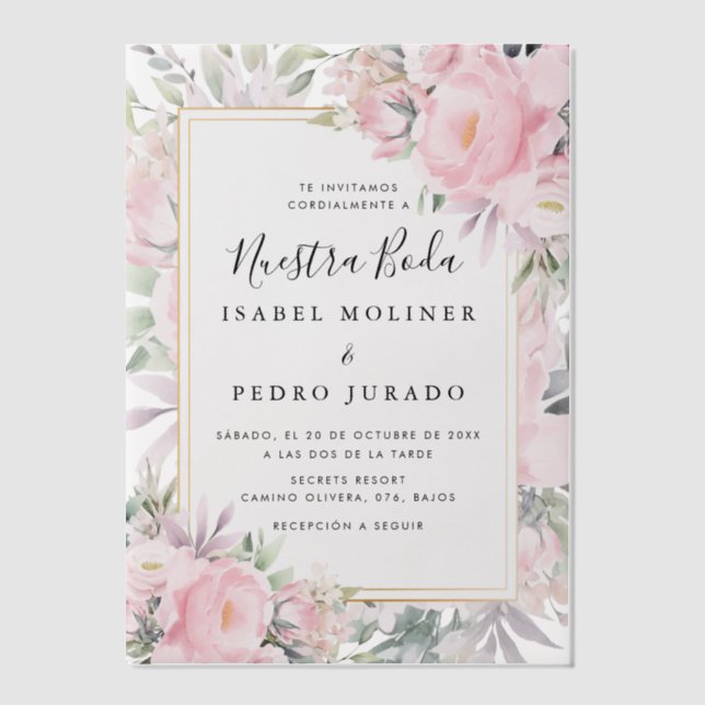 Blush Roses Floral Nuestra Boda Spanish Wedding Vellum Invitations (Front)
