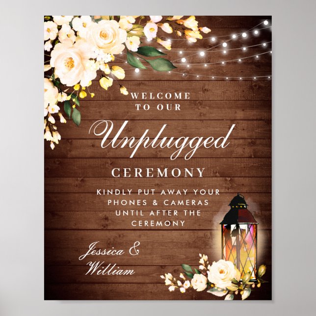 Blush Roses Floral Unplugged Wedding Ceremony Poster (Front)