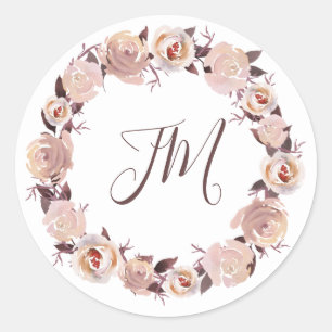 Blush Roses Floral Wreath Monogram Wedding Classic Round Sticker