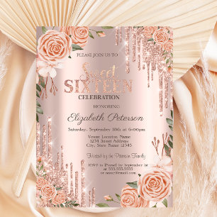 Blush Roses Glitter Drips Rose Gold Sweet 16 Invitation