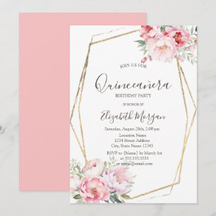 Blush Roses Gold Frame Quinceañera Invitation