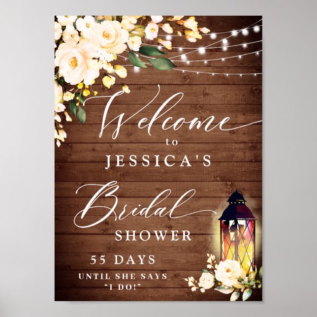Blush Roses Lantern Rustic Wood Bridal Shower Poster (Front)