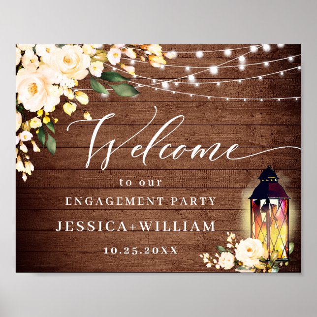 Blush Roses Lantern Rustic Wood ENGAGEMENT PARTY Poster (Front)