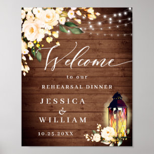 Blush Roses Lantern Rustic Wood Rehearsal Dinner Poster