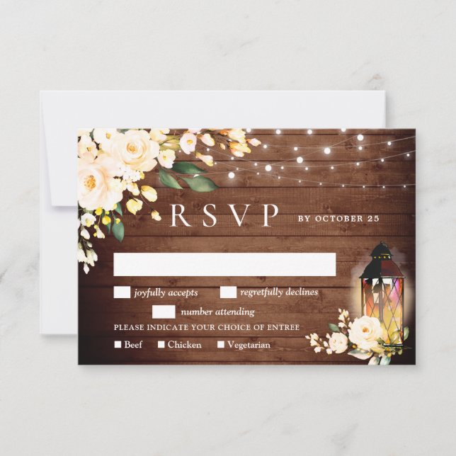 Blush Roses Lantern Rustic Wood Wedding RSVP Card (Front)