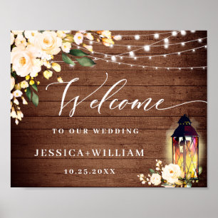 Blush Roses Lantern Rustic Wood Welcome Wedding Poster