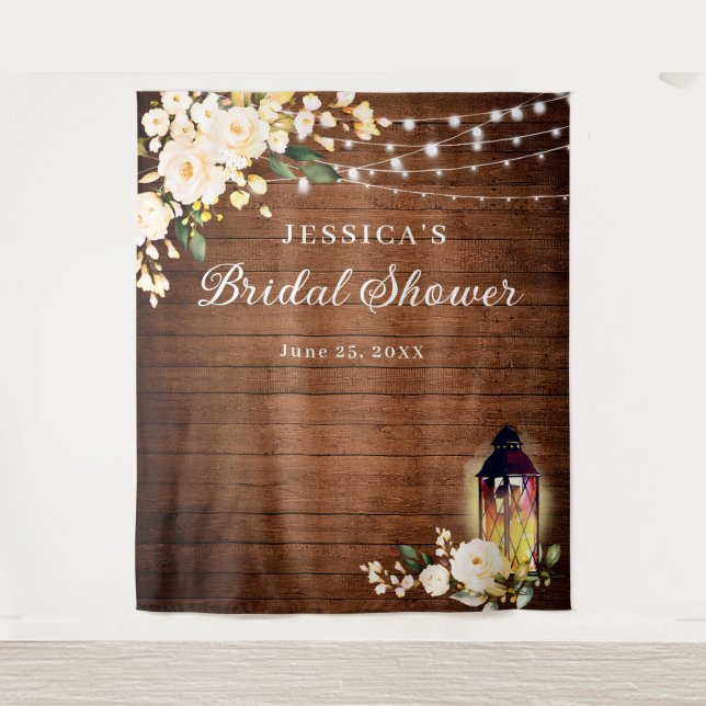 Blush Roses Lantern Wood Bridal Shower Backdrop Tapestry (Front)