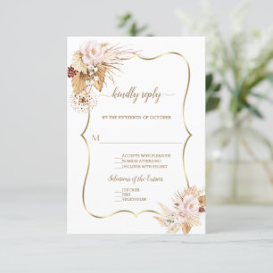 Blush Roses Palm Pampas Grass Gold Wedding RSVP Card