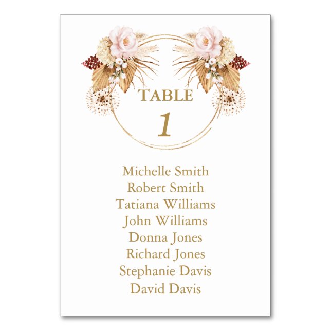 Blush Roses Pampas Grass Wedding Seating Chart  Table Number (Front)