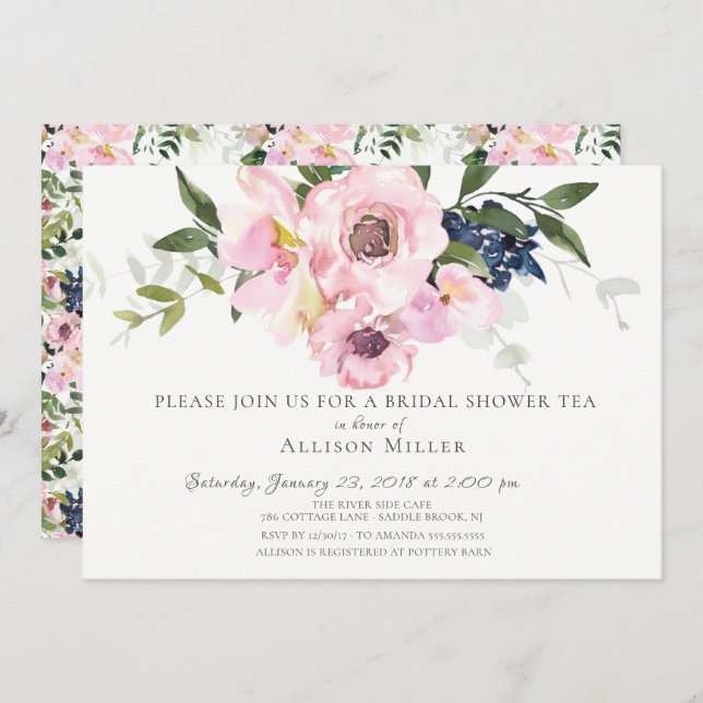 Blush Roses & Peonies Bridal Tea Party Invitation (Front/Back)