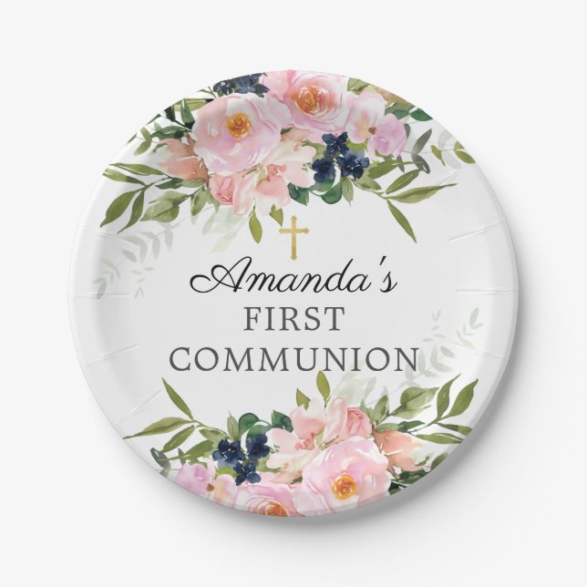 Blush Roses & Peonies Communion Paper Plate (Front)