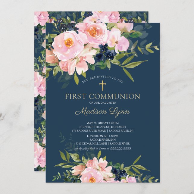 Blush Roses & Peonies First Communion Invitation (Front/Back)