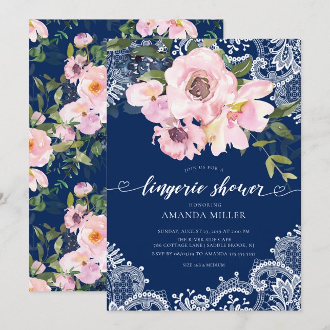 Blush Roses & Peonies Lace Bridal Lingerie Shower Invitation (Front/Back)