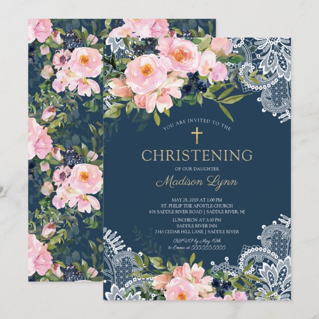 Blush Roses & Peonies Lace Christening Invitation (Front/Back)