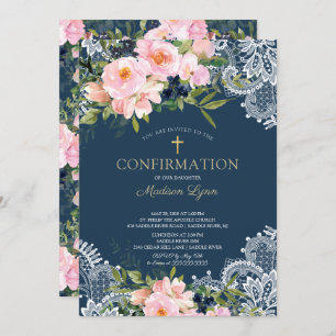 Blush Roses & Peonies Lace Confirmation Invitation