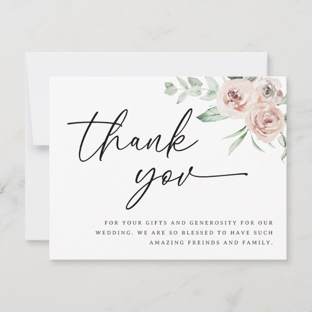 Blush roses thank you card, wedding thank you invitation (Front)