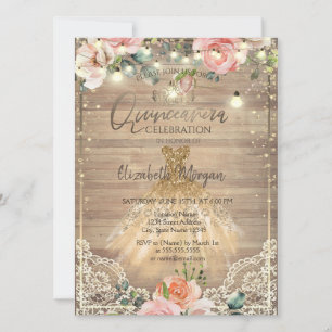 Blush Roses,Tiara,Lights,Dress Wood Quinceañera Invitation