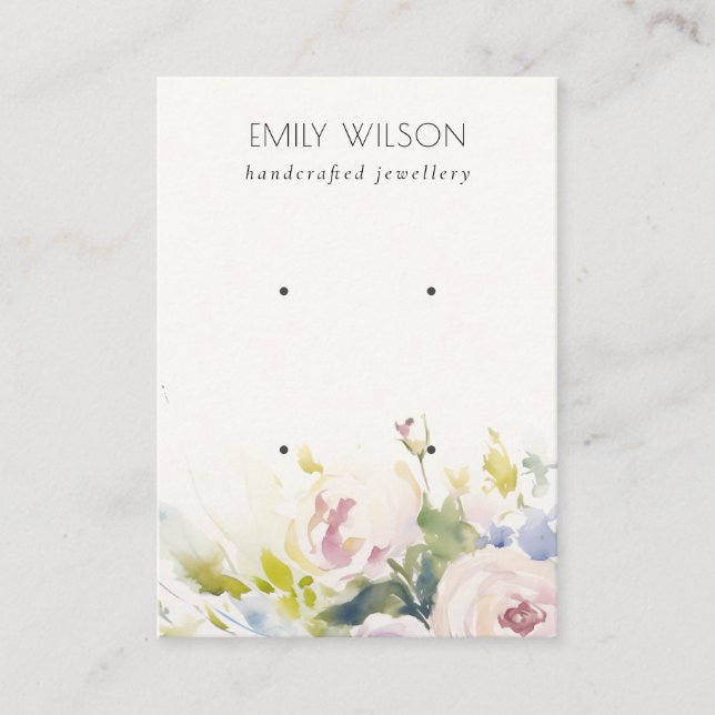 Blush Roses Watercolor Floral 2 Earring Display Business Card (Front)