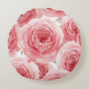 Blush Roses Watercolor Floral Pink Petal Pattern Round Pillow
