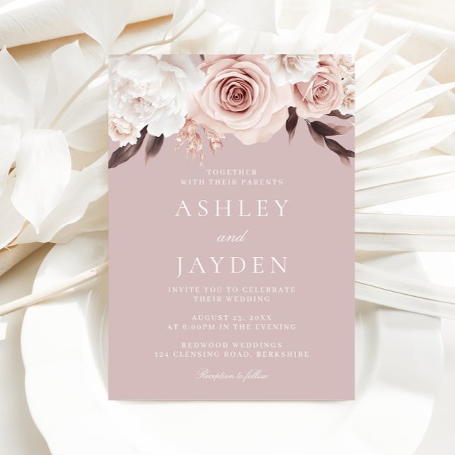 Blush Roses & White Flowers Dusty Pink Wedding Invitation (Creator Uploaded)