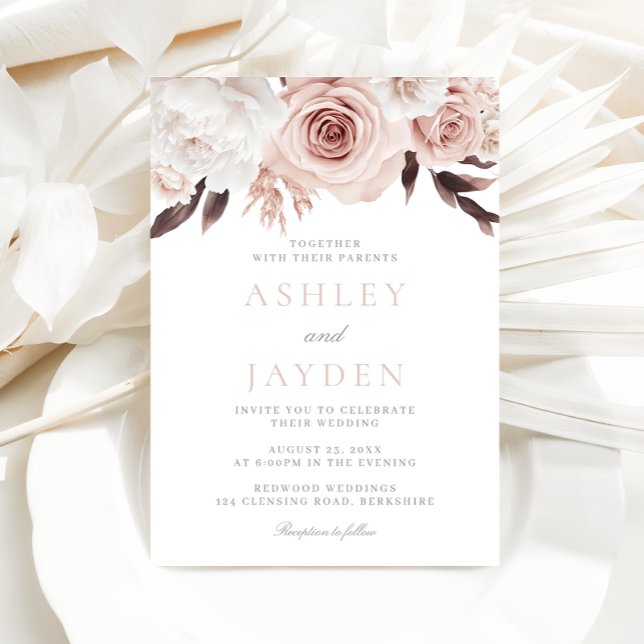 Blush Roses & White Flowers Wedding Invitation (Creator Uploaded)
