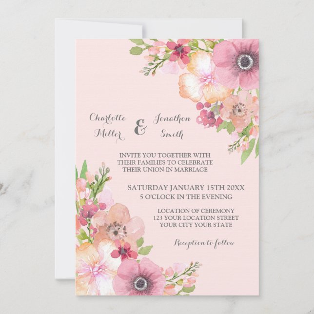 Blush Rustic Pink Flowers Wedding Invitations (Back)