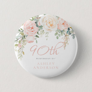 Blush & Sage Elegant Flowers 90th Birthday Party 2 Inch Round Button